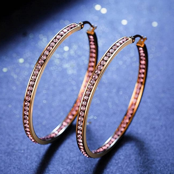 New Big Pink Gold Rhinestone Hoop Earrings Sparkle Crystal Channel CZ Hoops - Picture 4 of 6